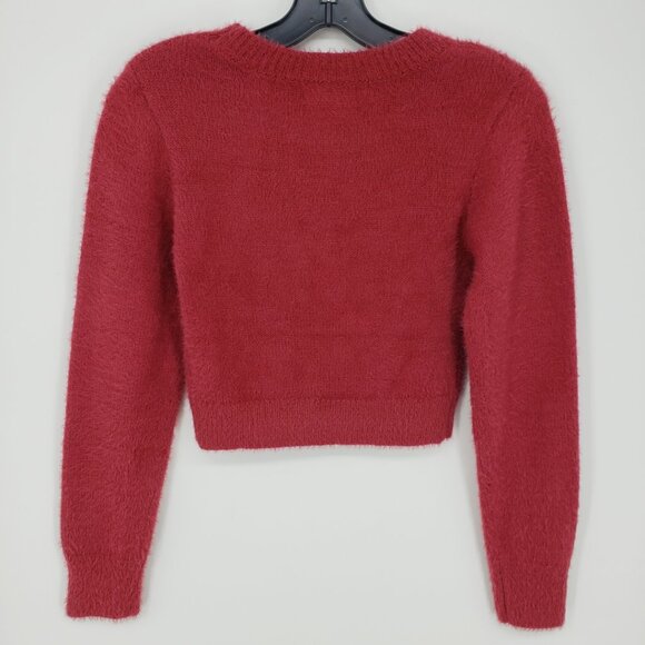 Urban Outfitters Fuzzy Cropped Sweater S Womens Crew Neck Rose Red Pink Crop - Picture 3 of 7